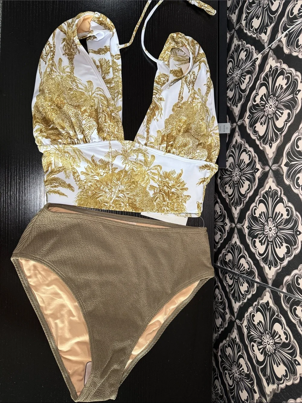 High-Waist Ribbed Bikini Set in Olive and White by